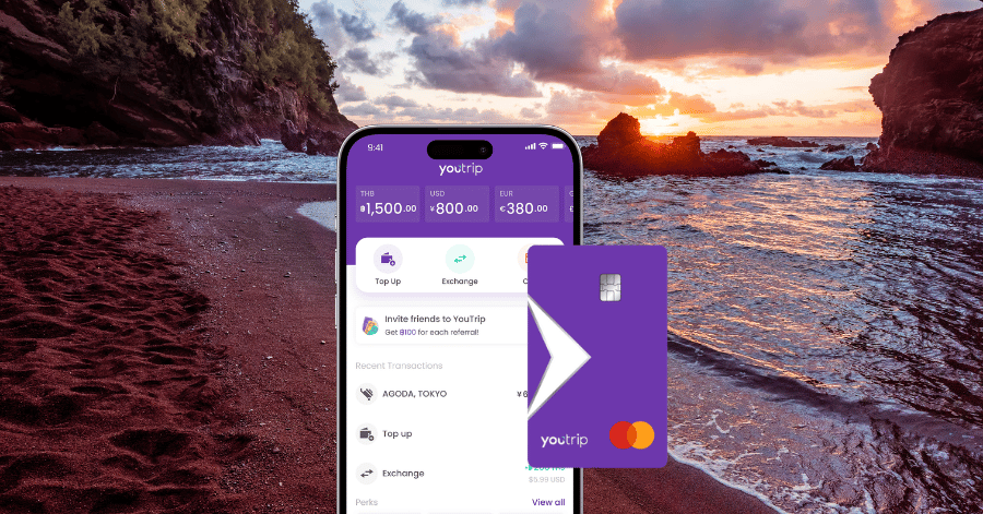 The purple YouTrip multi-currency Mastercard and the YouTrip app shown on a phone