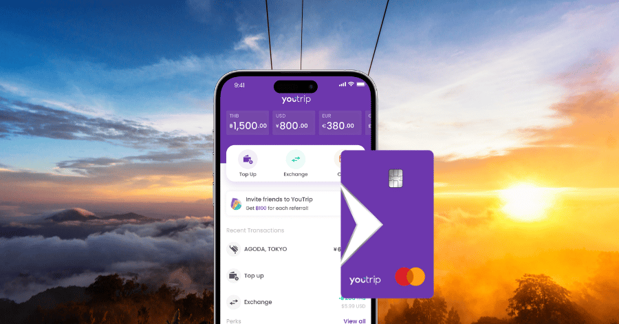 YouTrip app showing multi-currency balances beside the purple YouTrip Mastercard