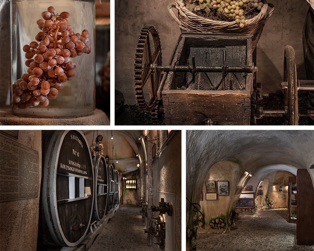 Collage of the underground Koutsoyannopoulos Wine Museum: grapes, an old wine press and barrels