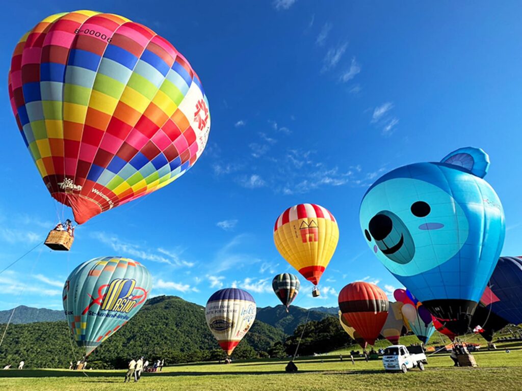 Colourful hot-air balloons on a green field against a blue sky at the Taiwan Balloon Festival in Taitung