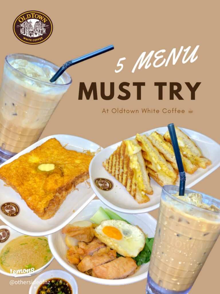 Old Town White Coffee dishes: iced white coffee, kaya toast, cheese toast and a chicken rice set