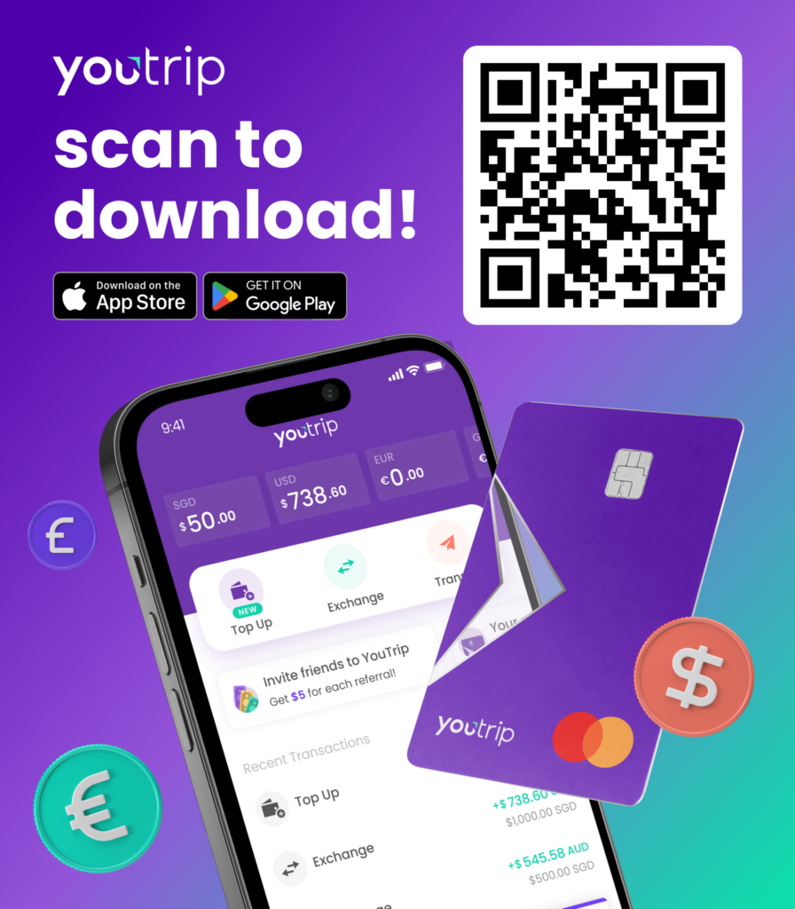 YouTrip scan-to-download graphic with a QR code, App Store and Google Play badges, and the app
