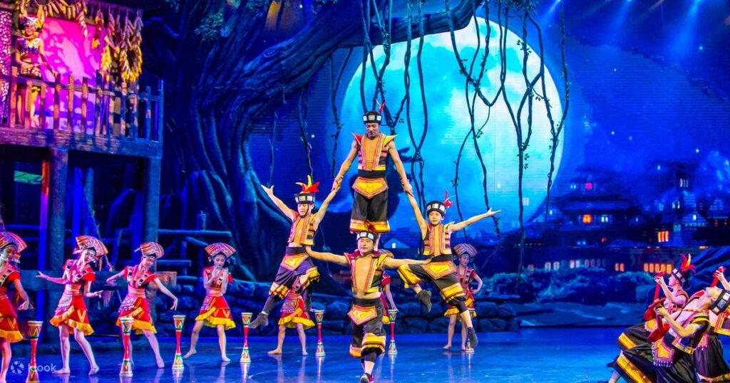 Performers in Tujia costume during the Charming Xiangxi song-and-dance show