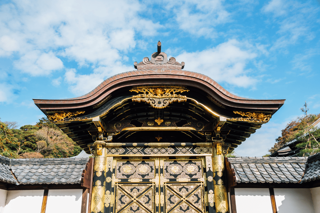 The gilded black-and-gold Karamon gate at Kenchoji Zen temple, Kamakura