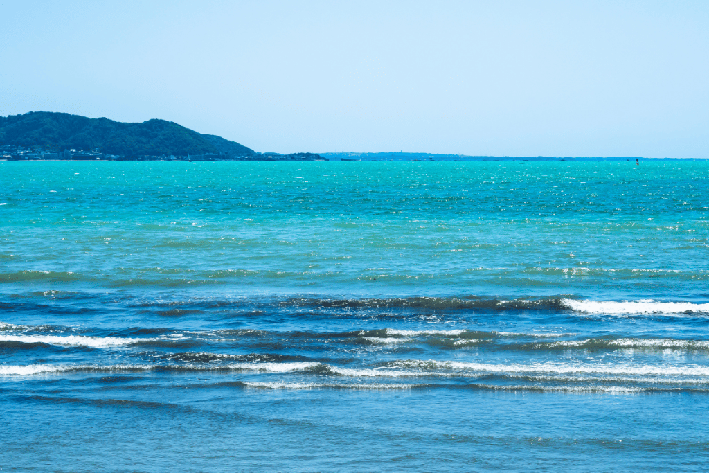 Waves rolling in off the Shonan coast with a green headland in the distance, Kamakura