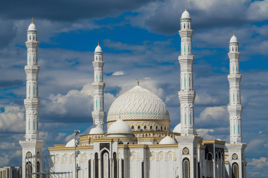 The white domes and four minarets of Astana's Hazrat Sultan Mosque