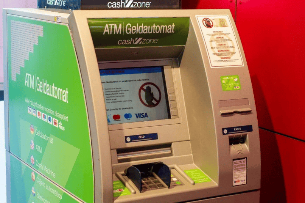 A green and grey Cashzone ATM in Germany displaying Visa and Mastercard logos