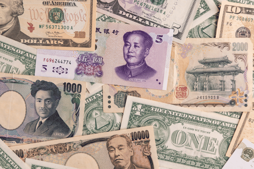 A pile of banknotes including Japanese yen, US dollars and Chinese yuan