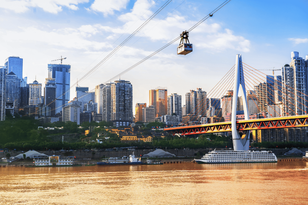 A cable car crossing the Yangtze River above the Chongqing skyline