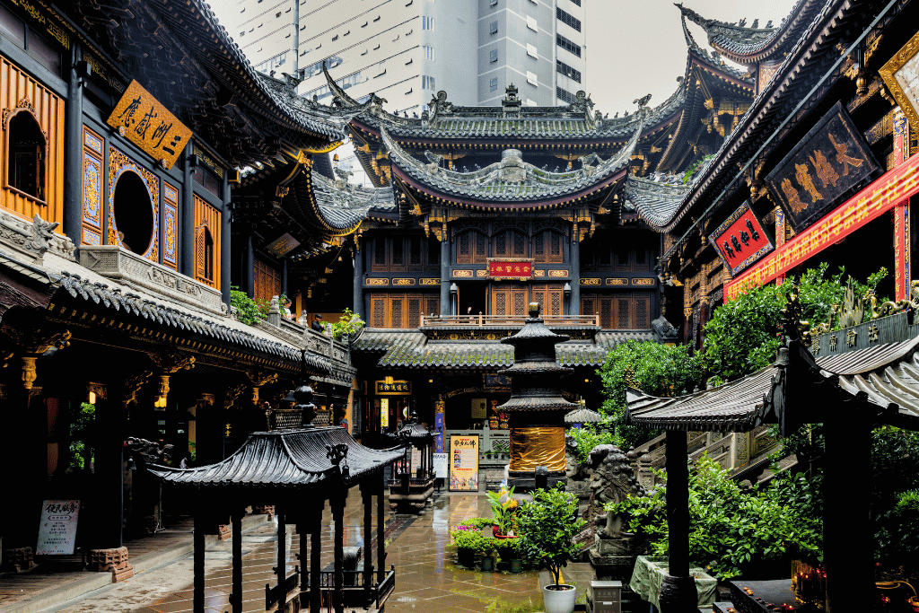 The ornate rooftops and courtyard of Luohan Temple, Chongqing