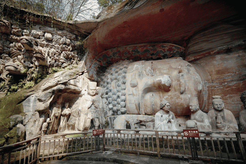 The reclining Buddha and cliff carvings at Dazu Rock Carvings