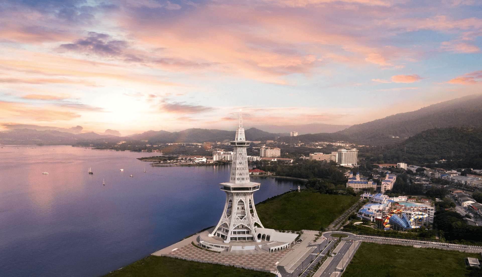 Maha Tower observation tower on the Kuah waterfront at sunset, Langkawi