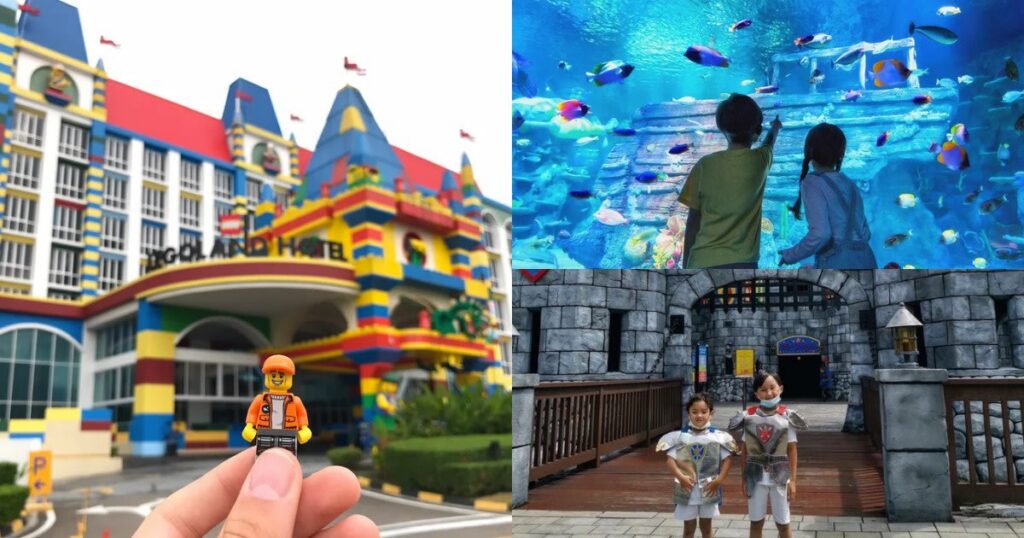 Collage of Legoland Malaysia: the Lego-brick hotel, an aquarium and children in knight costumes