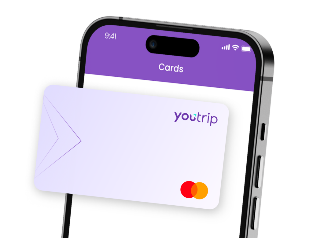The YouTrip virtual card shown in front of the app's Cards screen on a phone