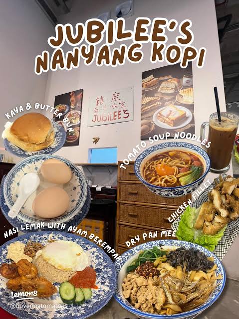 Spread of Jubilee's Nanyang Kopi dishes: kaya butter bun, half-boiled eggs, nasi lemak and noodles