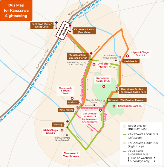 Illustrated map of the Kanazawa Loop Bus sightseeing routes and main stops