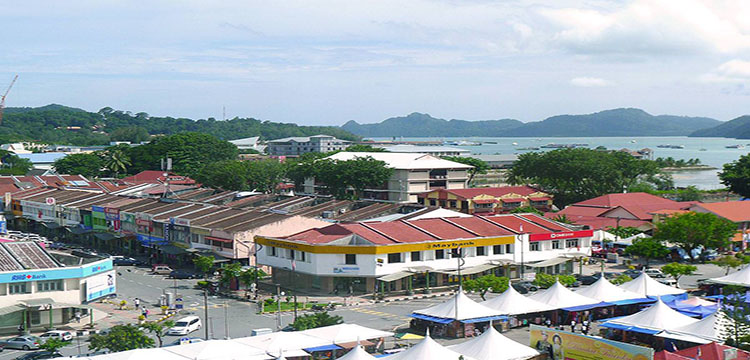 Aerial view of Kuah town's shophouses and waterfront, Langkawi