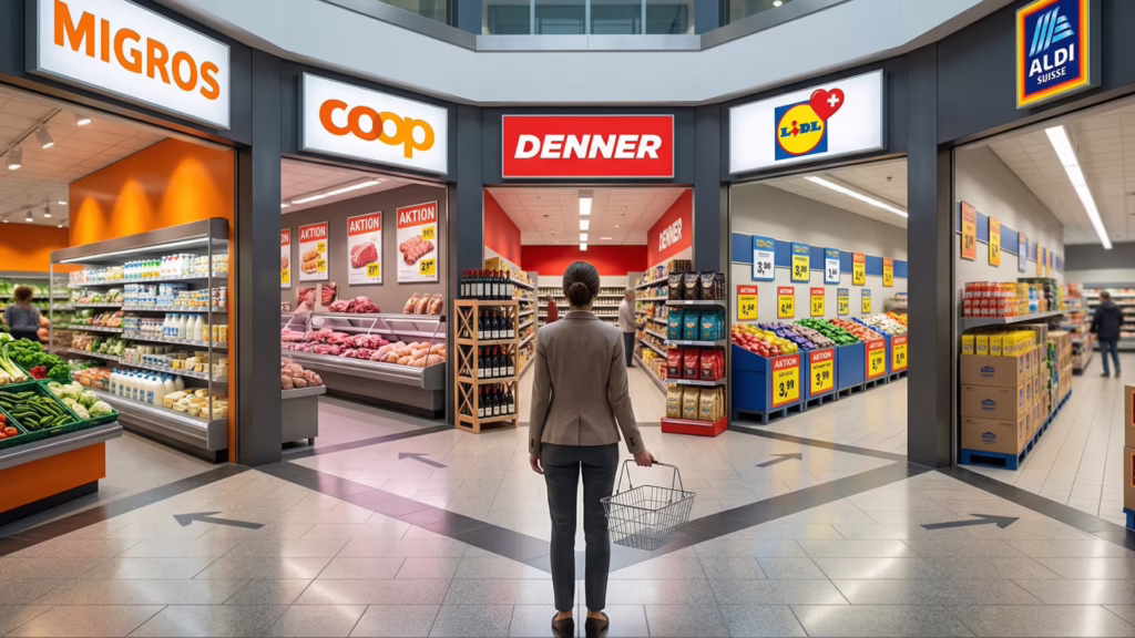 Comparison graphic of Swiss supermarket brands Migros, Coop, Aldi and Lidl
