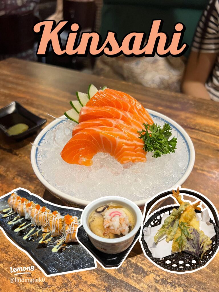 Salmon sashimi on ice with a sushi roll, chawanmushi and tempura