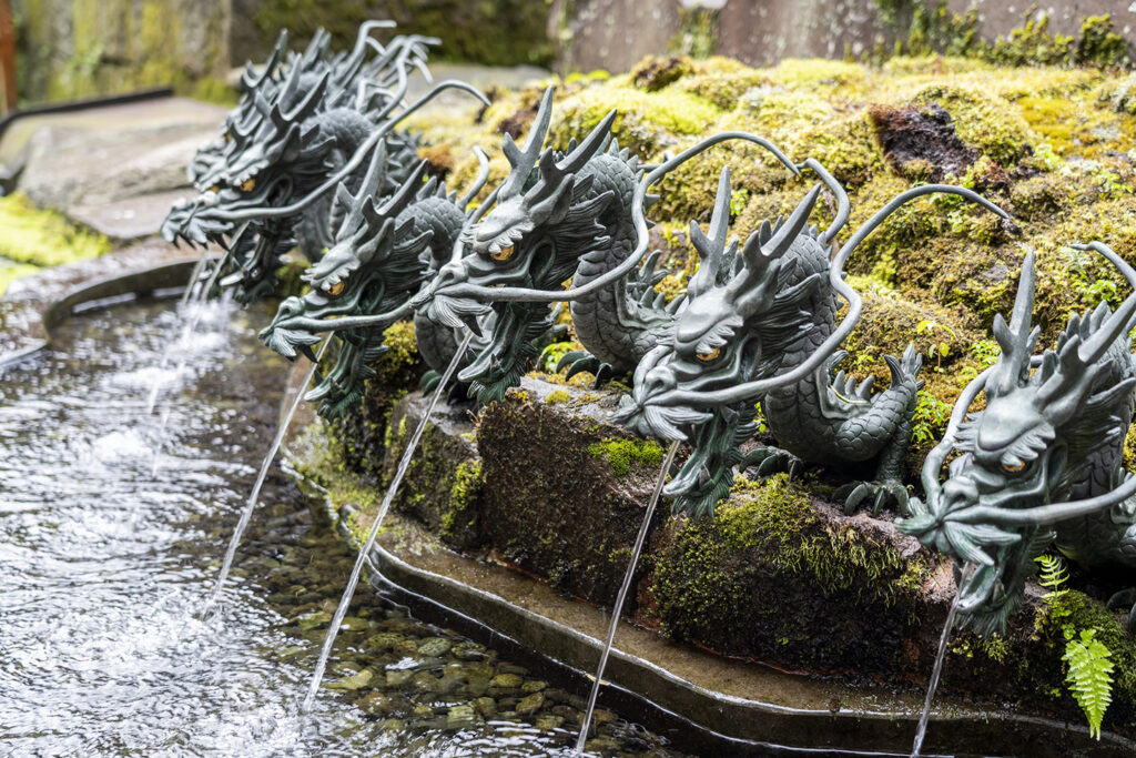 Nine bronze dragon-head spouts pouring water at a moss-covered purification basin