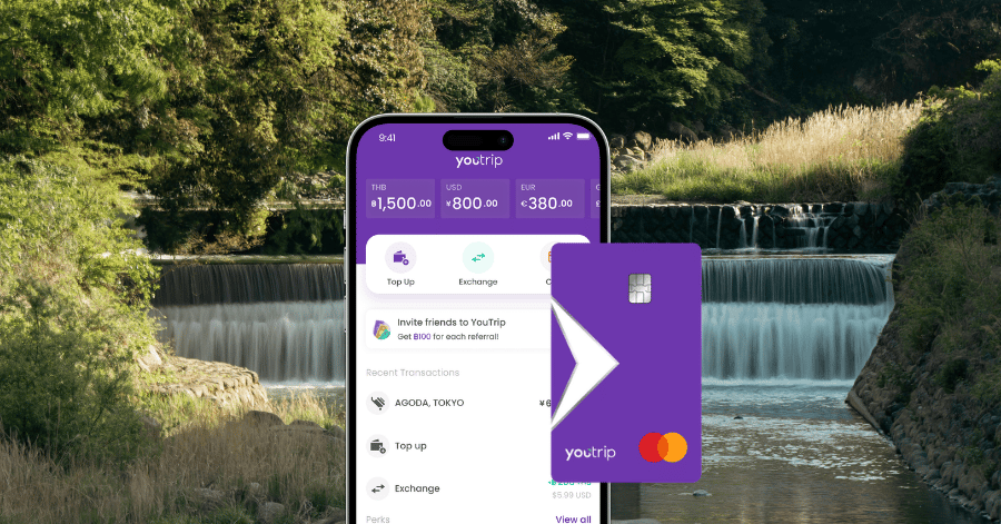 The YouTrip app showing currency balances beside a purple YouTrip Mastercard