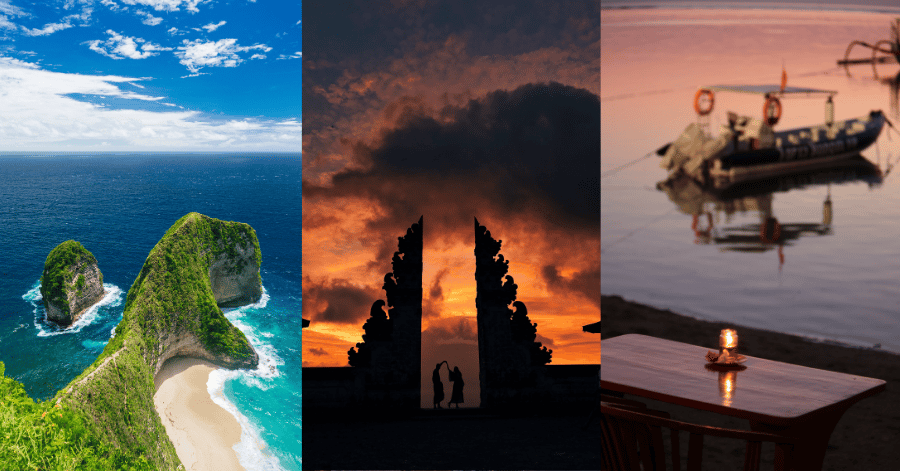 Three-panel collage: Kelingking cliff on Nusa Penida, a Bali temple gate at sunset, and a boat at dusk