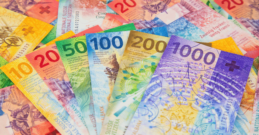 Swiss franc banknotes of 10, 20, 50, 100, 200 and 1000 fanned out