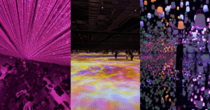 Collage of three teamLab Tokyo scenes: pink light tunnel, colourful water floor, and hanging lamps