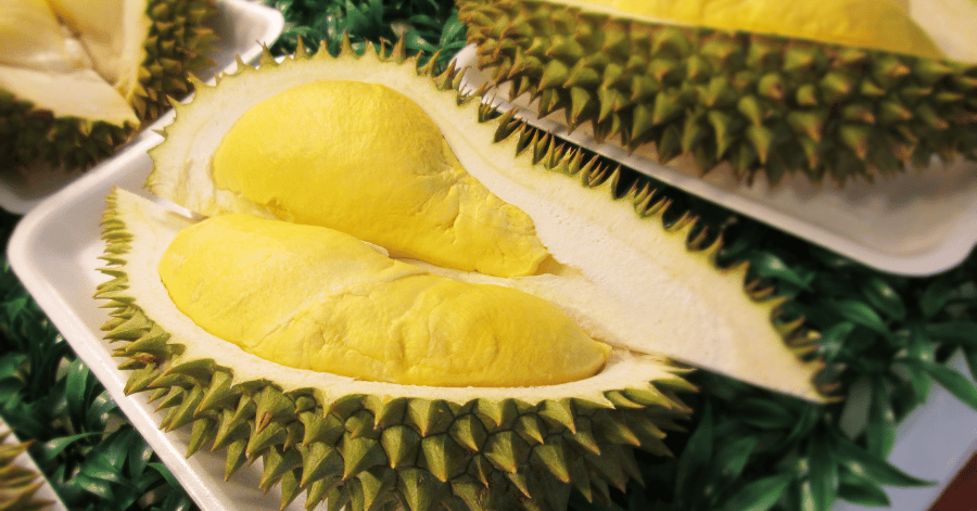 An opened durian showing thick creamy yellow flesh inside its spiky husk, served on a tray
