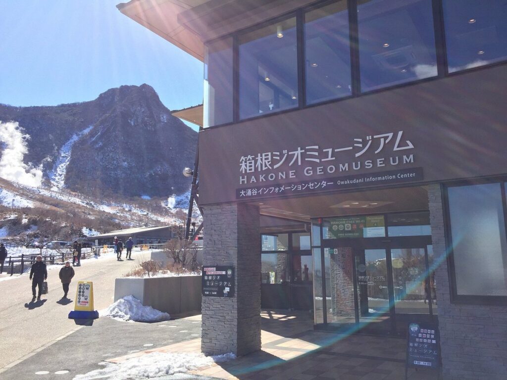 The Hakone Geomuseum entrance and signage below a snow-dusted Owakudani peak