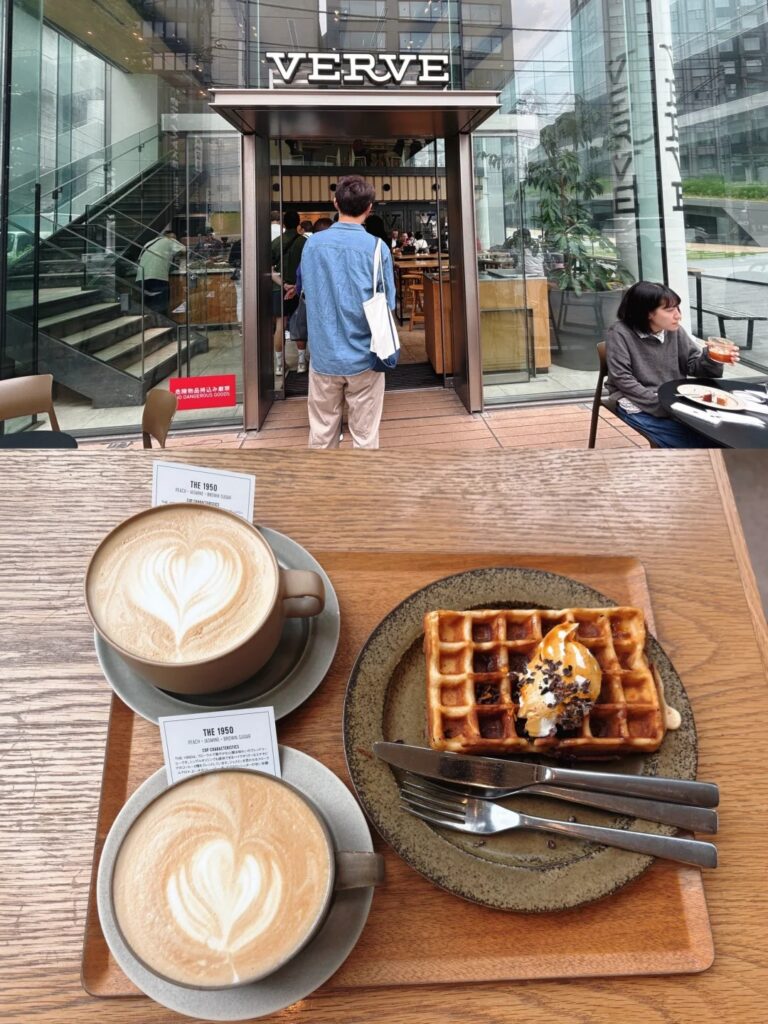 The Verve Coffee storefront with two lattes and a waffle on a wooden table, Kamakura