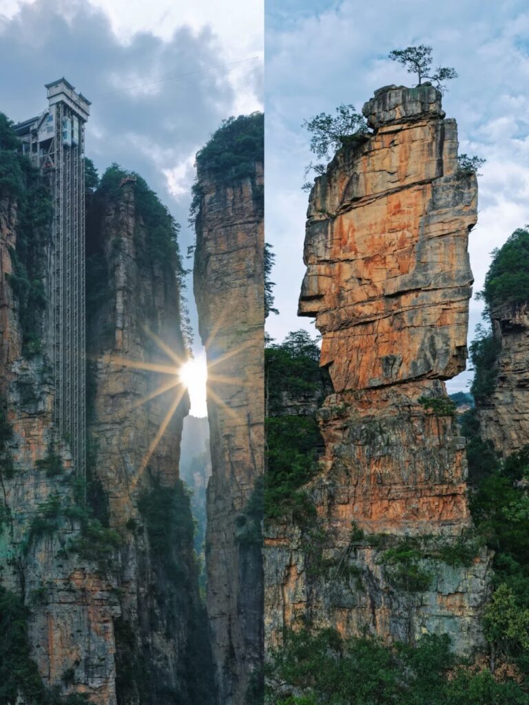 The Bailong Elevator glass lift running up a cliff beside a sandstone pillar
