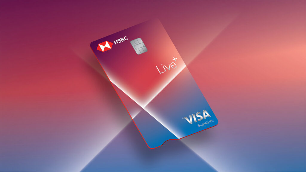 HSBC Live+ Visa Signature card on a red and blue gradient background