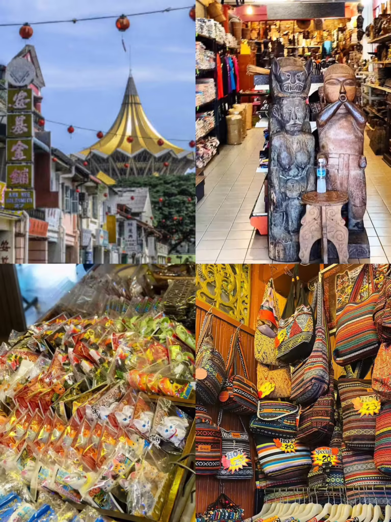 Four scenes from Main Bazaar: shophouse street, carved tribal figures, packaged snacks and woven bags