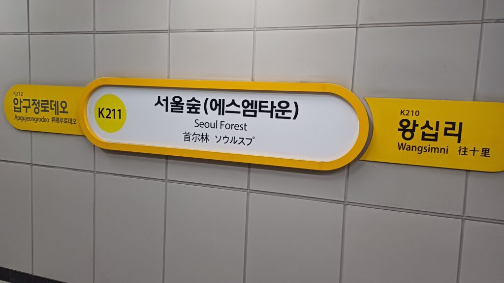 Platform sign for Seoul Forest station K211 on the Suin-Bundang Line