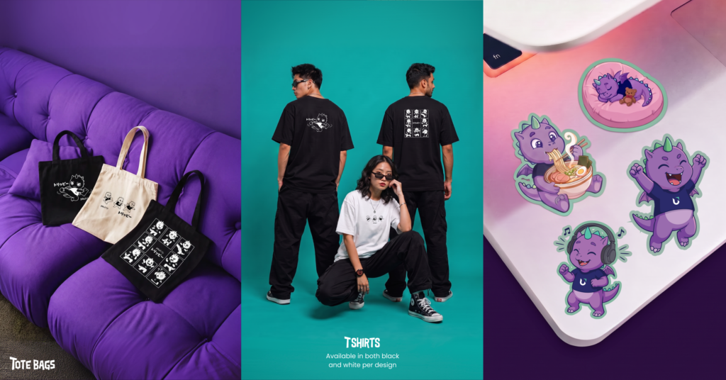 Trippie tote bags on a purple sofa, three models in Trippie T-shirts, and Trippie stickers on a laptop
