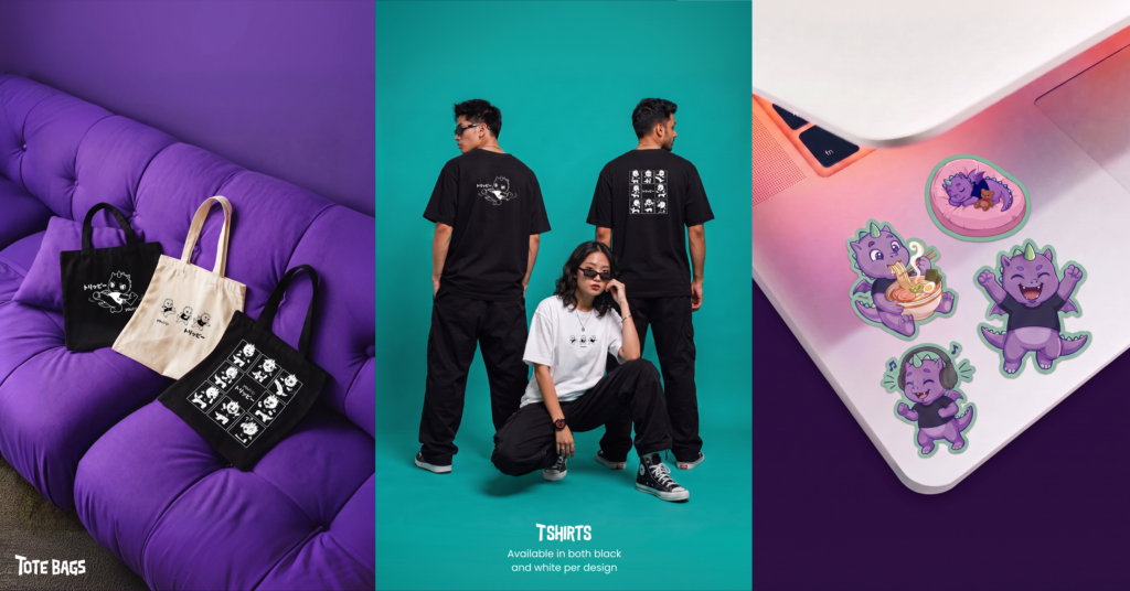 Trippie tote bags on a purple sofa, three models in Trippie T-shirts, and Trippie stickers on a laptop