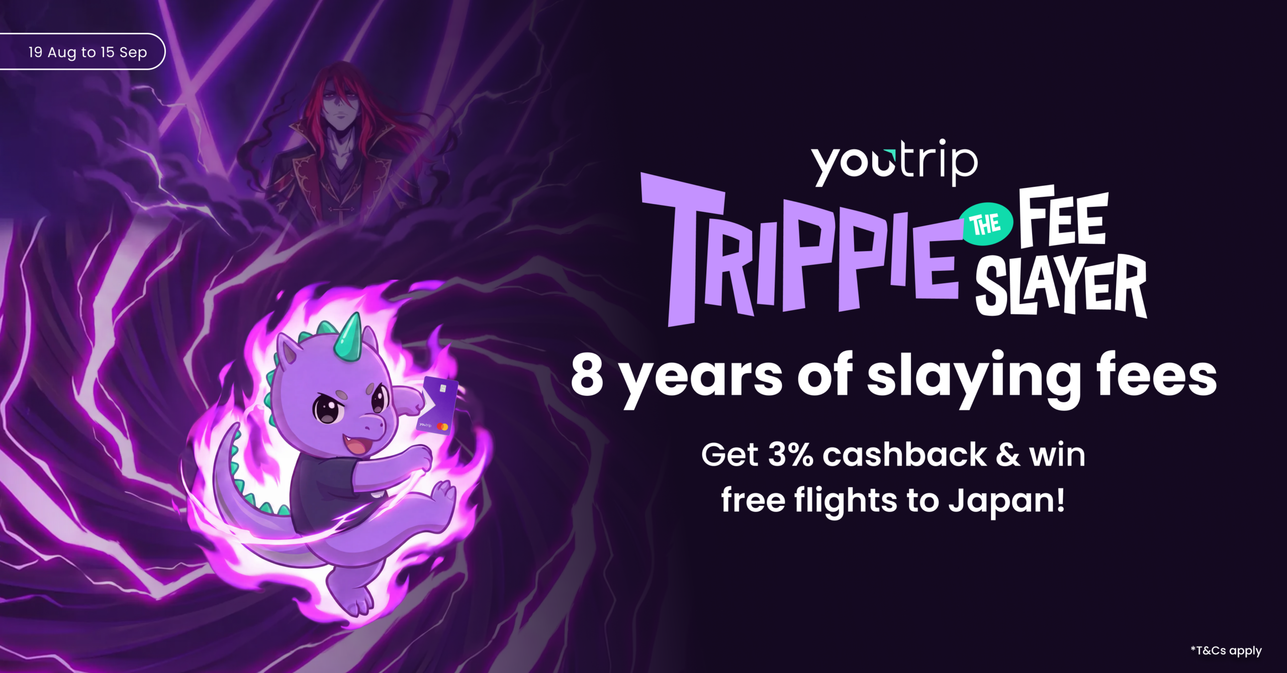 Trippie the dragon holding a YouTrip card in purple flames beside the Trippie the Fee Slayer campaign title