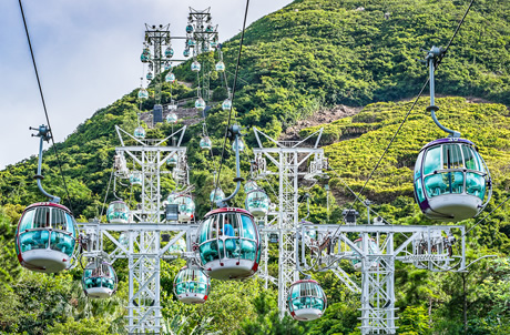 Ocean Park cable car gondolas climbing the green hillside between the Waterfront and Summit