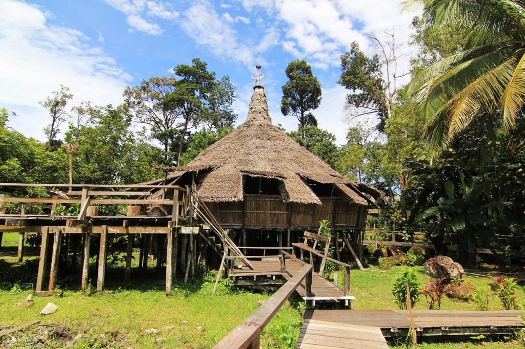 Thatched timber longhouse raised on stilts with a boardwalk leading to it through greenery