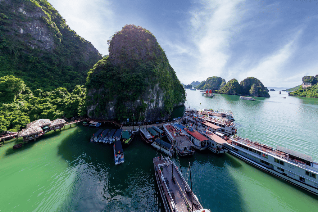 Tour boats moored along a walkway at the foot of a forested limestone island