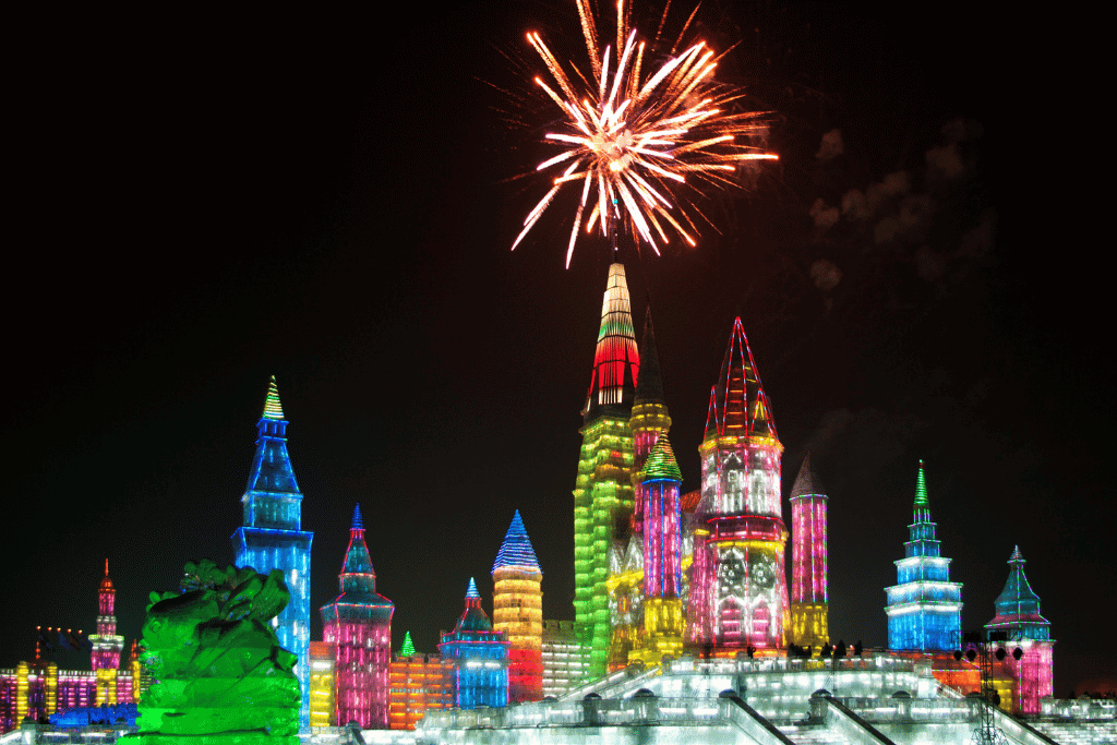 Fireworks bursting above brightly lit ice-castle towers at the Harbin Ice Festival at night
