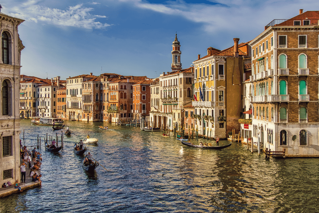 Gondolas and historic palazzi along Venice's Grand Canal