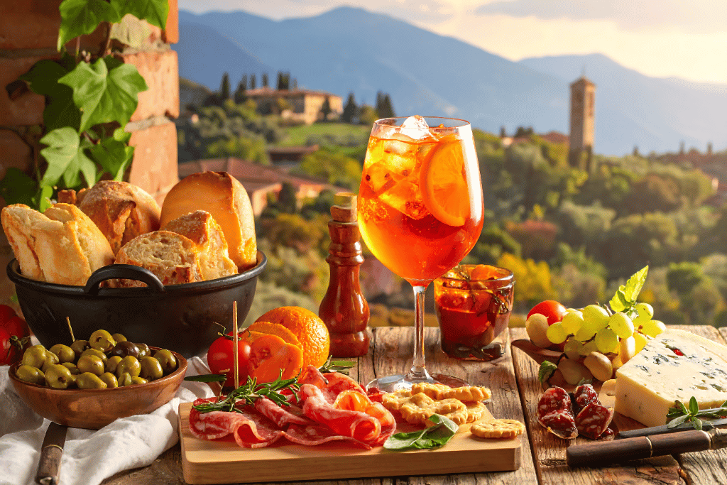 An orange spritz cocktail beside a board of cured meats, cheese, olives and bread