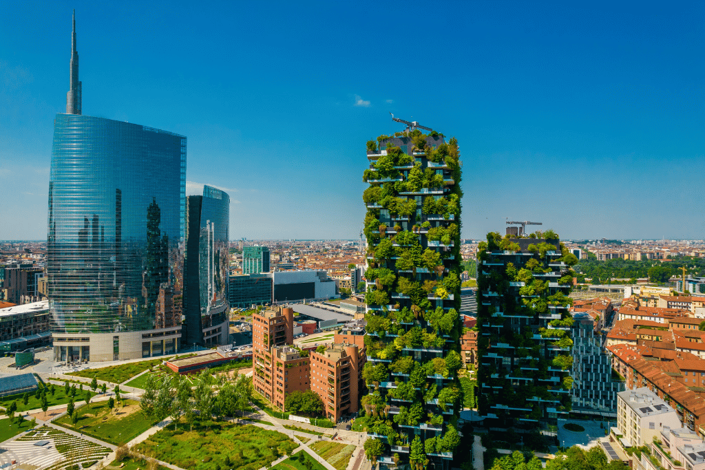 Aerial view of Milan's Porta Nuova district with the tree-covered Bosco Verticale towers