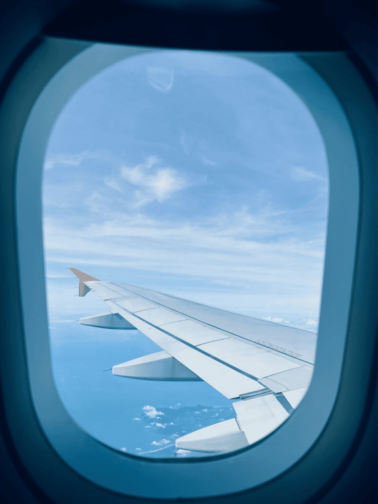 View of an aeroplane wing over blue sky and sea from a cabin window