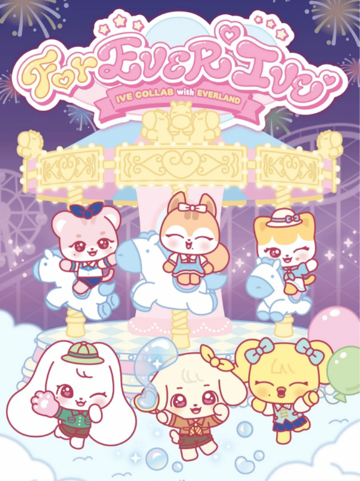 ForEVER IVE artwork showing Minive characters riding a carousel under fireworks