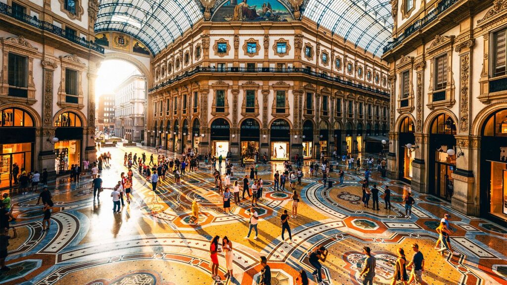 Crowds on the mosaic floor beneath the Galleria Vittorio Emanuele II's glass roof, Milan