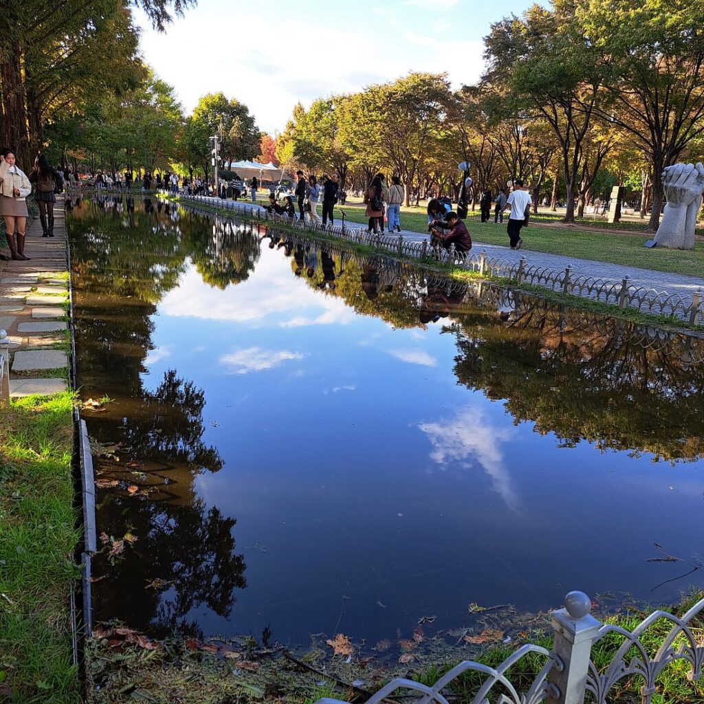 Trees and cloudy sky reflected in the still water of Seoul Forest's Mirror Pond