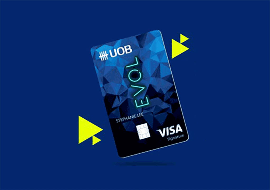 UOB EVOL Visa Signature card with a faceted blue design on a navy background